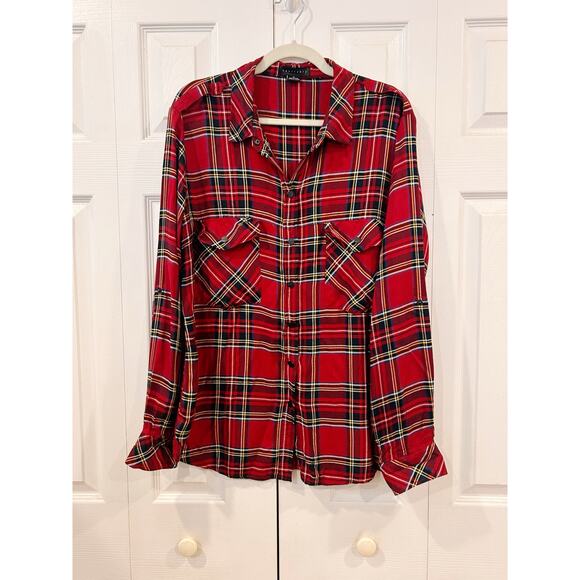 Sanctuary Plaid Roll Tab Sleeve Snap Button Boyfriend Fit Shirt Party Red XL - Picture 1 of 8